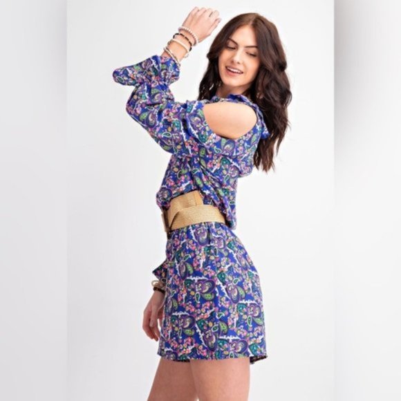 easel | Romper in the Heather Floral Print Cold Shoulder Navy Ruffle New Small - Picture 8 of 14
